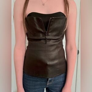 alicia + olivia Black Leather Silk Strapless Bustier Corset Top